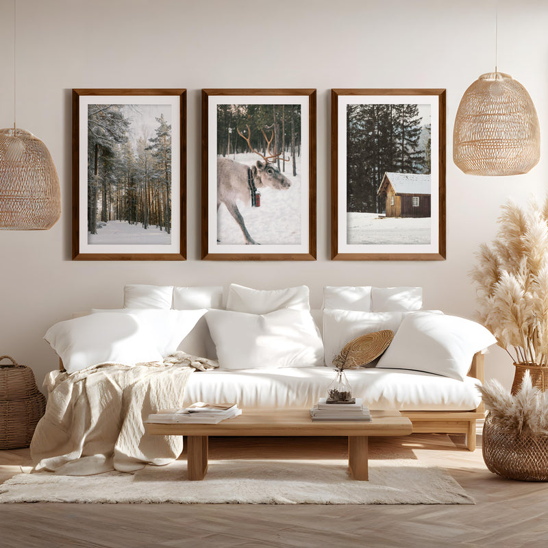 Wall Art Winter Triptych – Deer, Snowy Forest & Cabin - Dark Brown Framed Poster with White Border - Artworksets