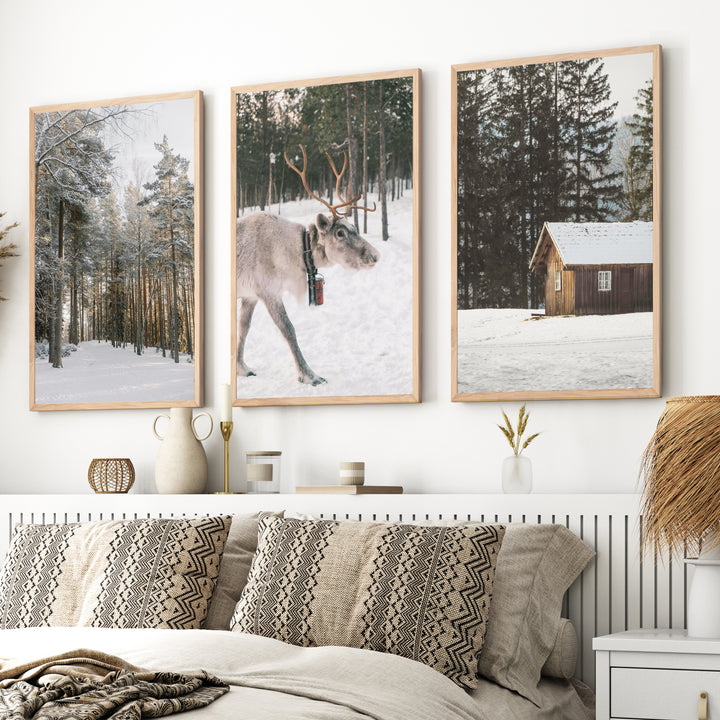 Wall Art Winter Triptych – Deer, Snowy Forest & Cabin - Natural Wood Framed Poster No Border - Artworksets