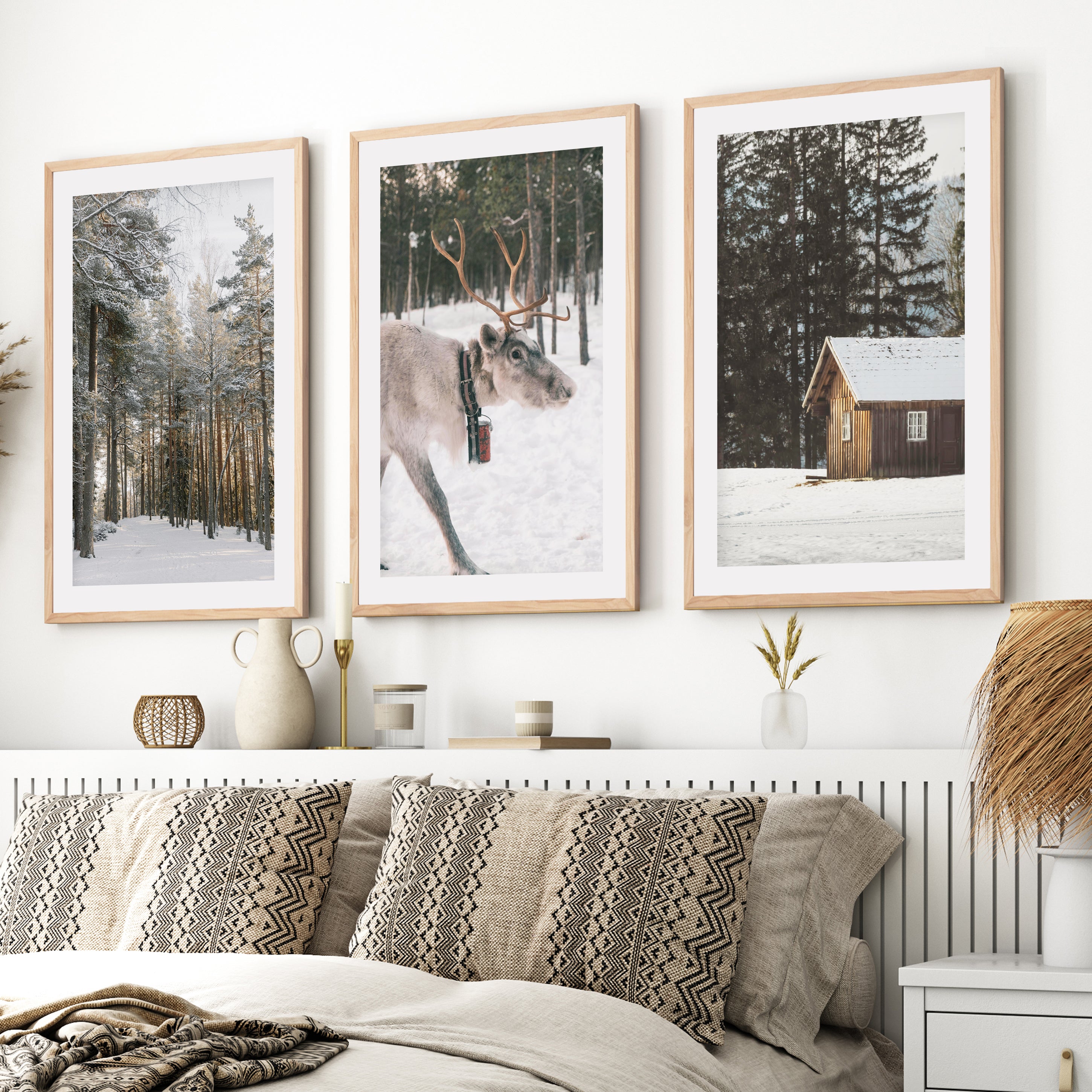 Wall Art Winter Triptych – Deer, Snowy Forest & Cabin- Natural Wood Framed Poster with White Border - Artworksets