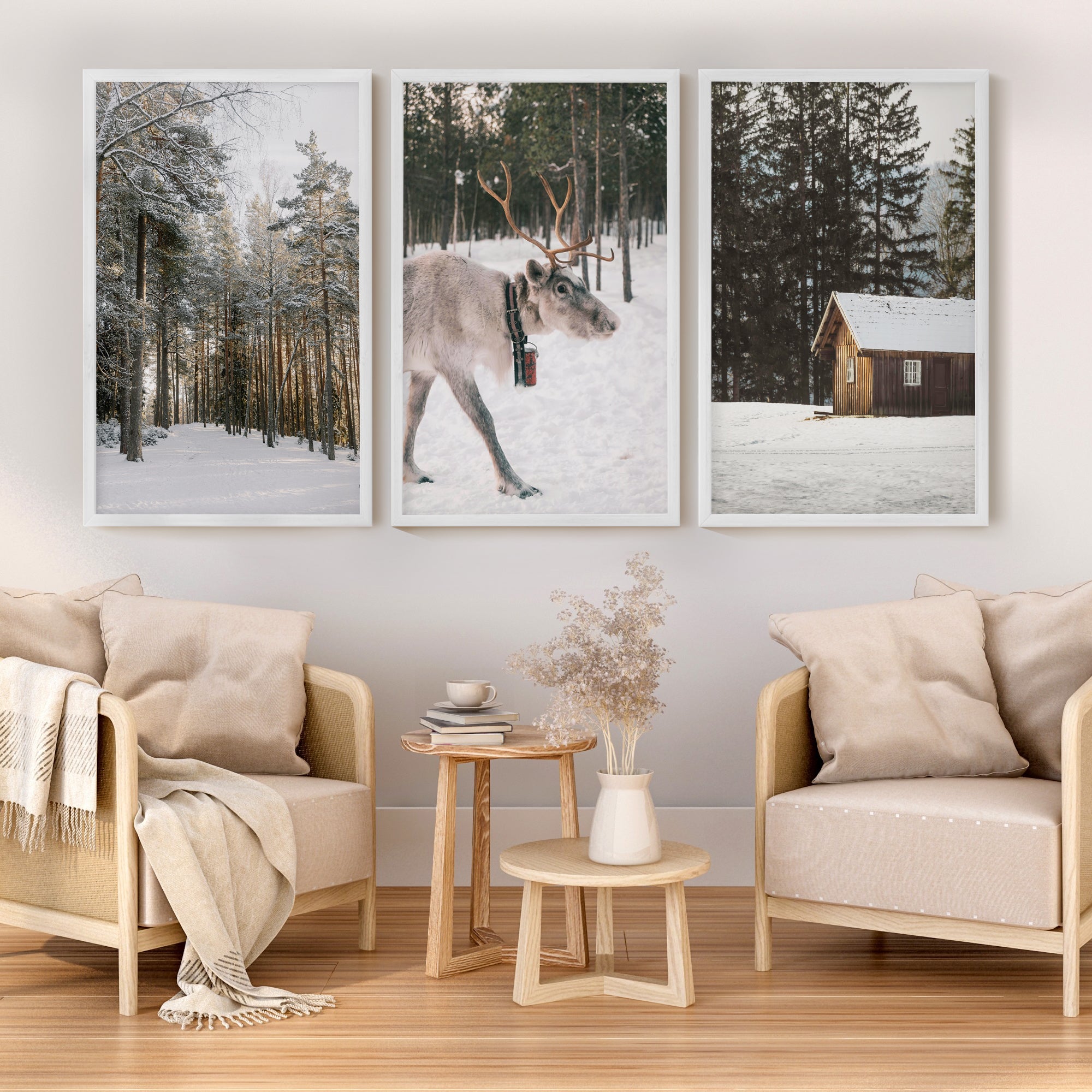 Wall Art Winter Triptych – Deer, Snowy Forest & Cabin - White Framed Poster No Border - Artworksets