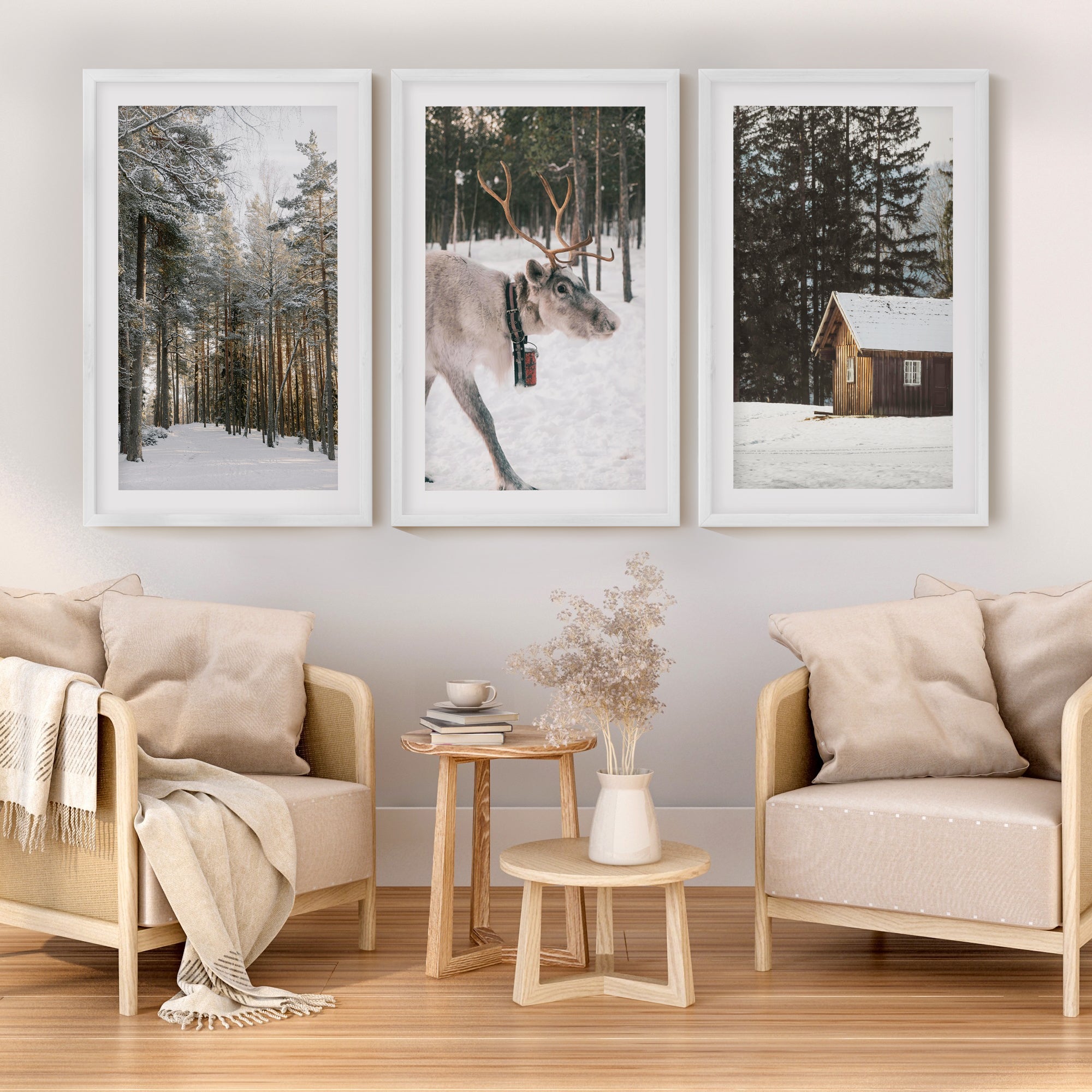 Wall Art Winter Triptych – Deer, Snowy Forest & Cabin - White Framed Poster with White Border - Artworksets