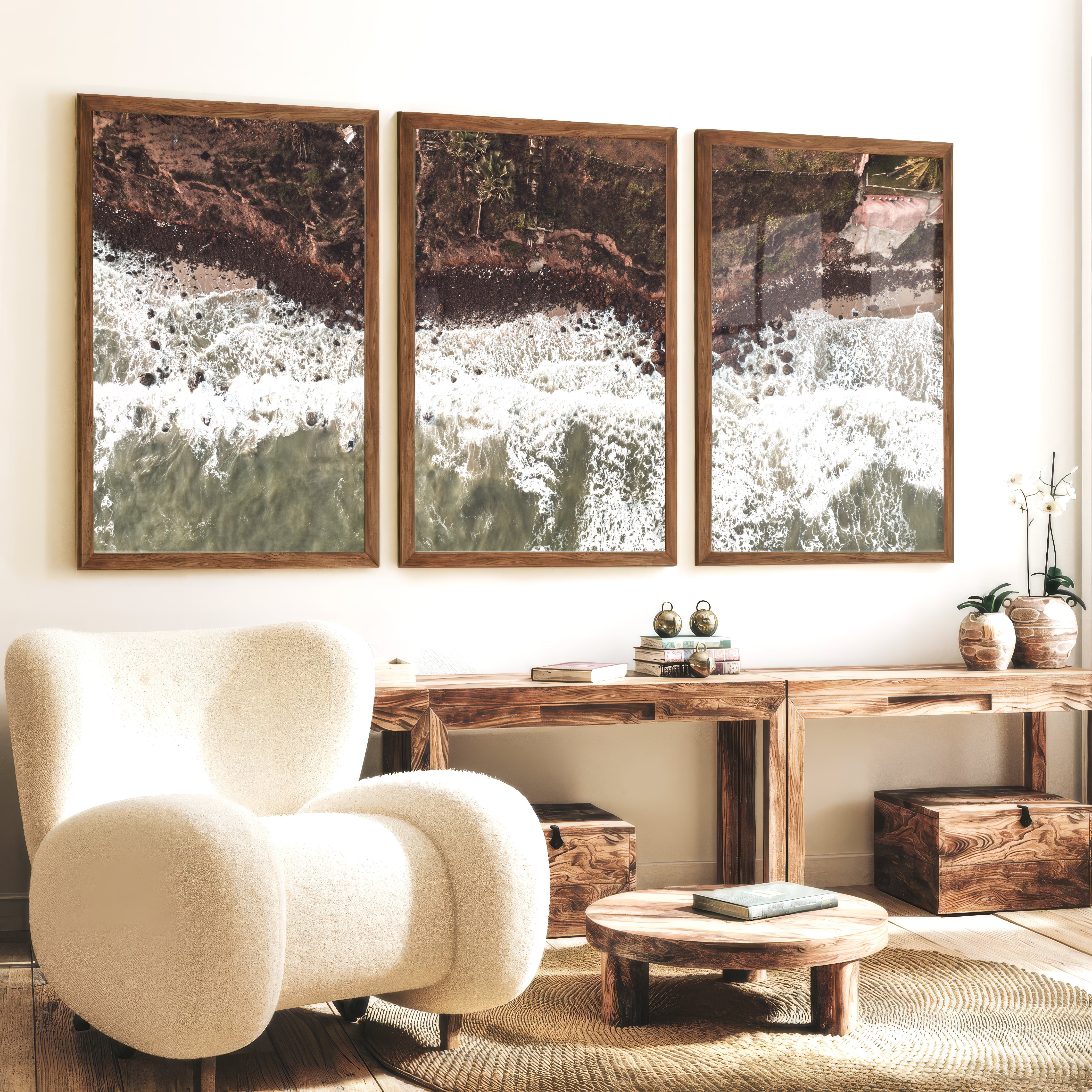 Aerial Shoreline Living Room Coastal Wall Decor - Dark Brown Framed Poster No Border - Artworksets