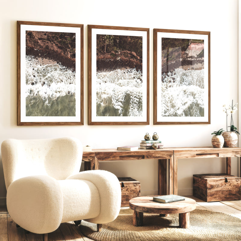 Aerial Shoreline Living Room Coastal Wall Decor - Dark Brown Framed Poster with White Border - Artworksets