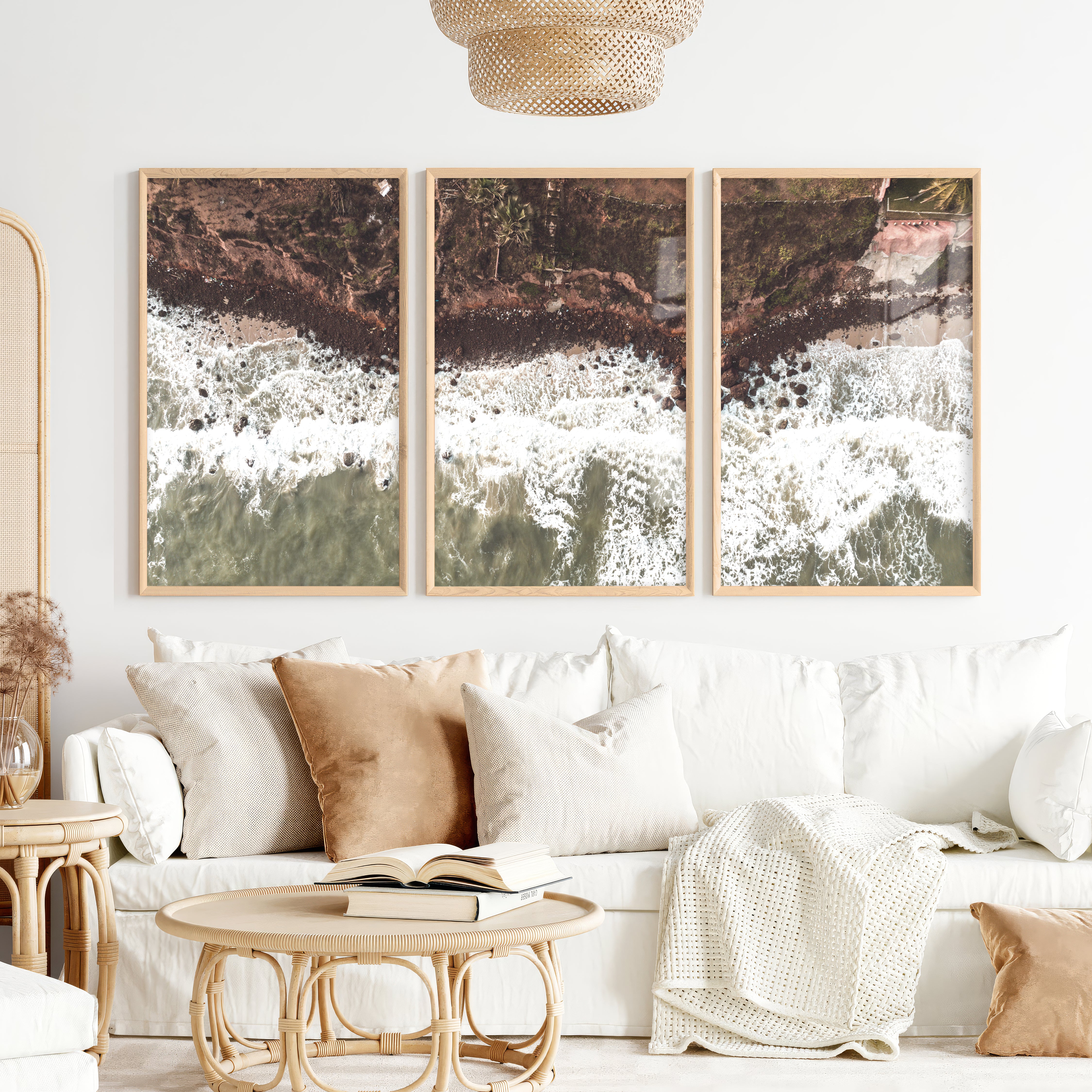 Aerial Shoreline Living Room Coastal Wall Decor - Natural Wood Framed Poster No Border - Artworksets