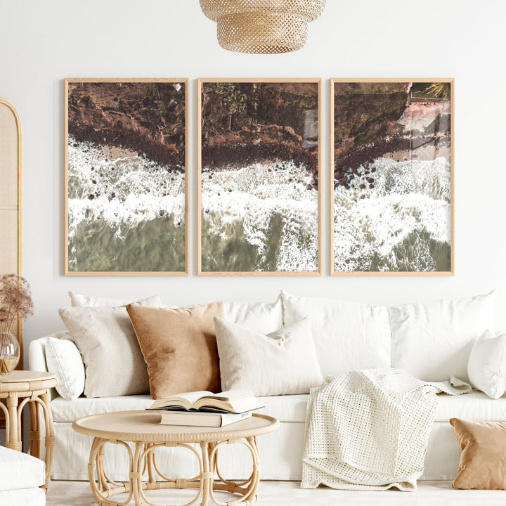 Aerial Shoreline Living Room Coastal Wall Decor - Natural Wood Framed Poster No Border - Artworksets