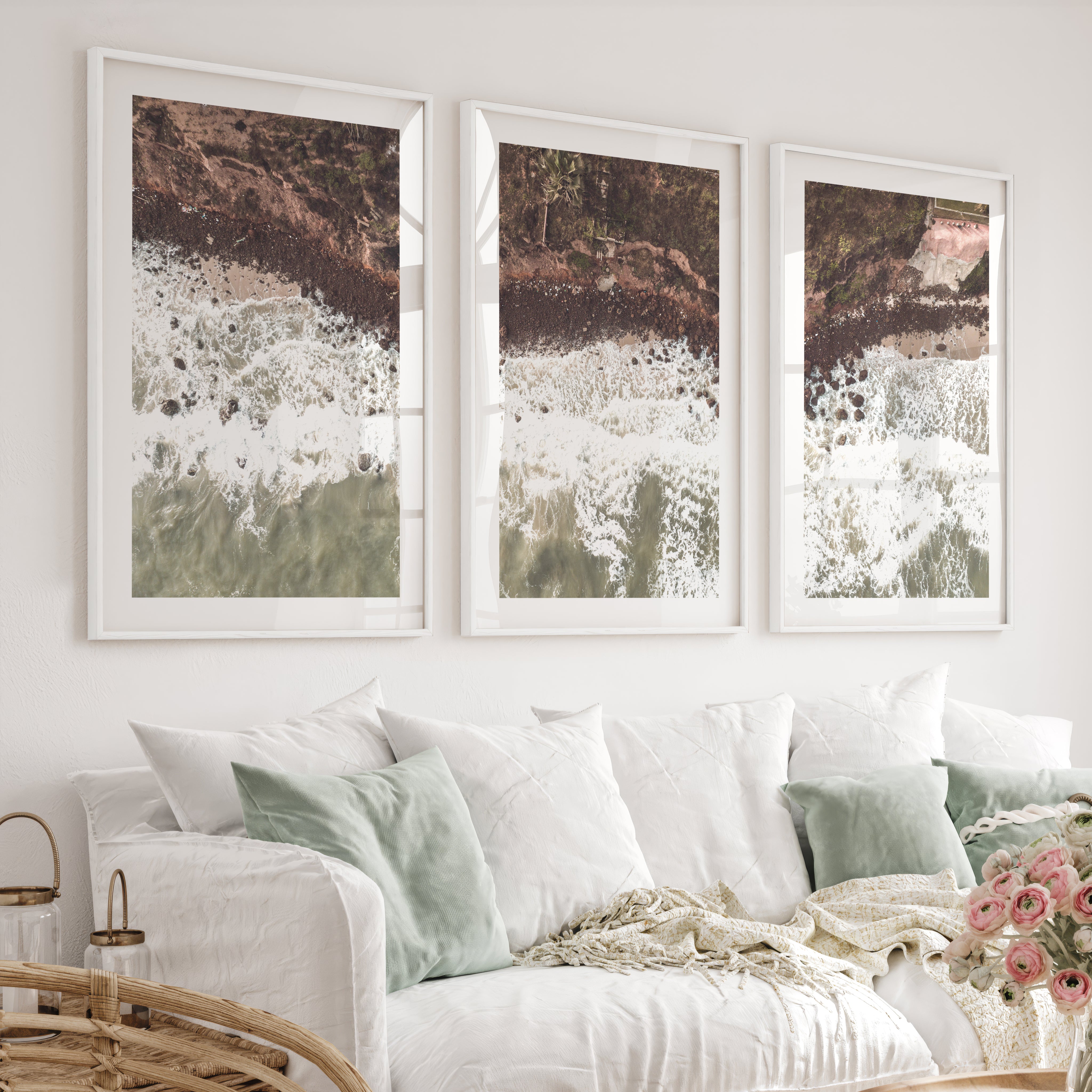 Aerial Shoreline Living Room Coastal Wall Decor - White Framed Poster with White Border - Artworksets