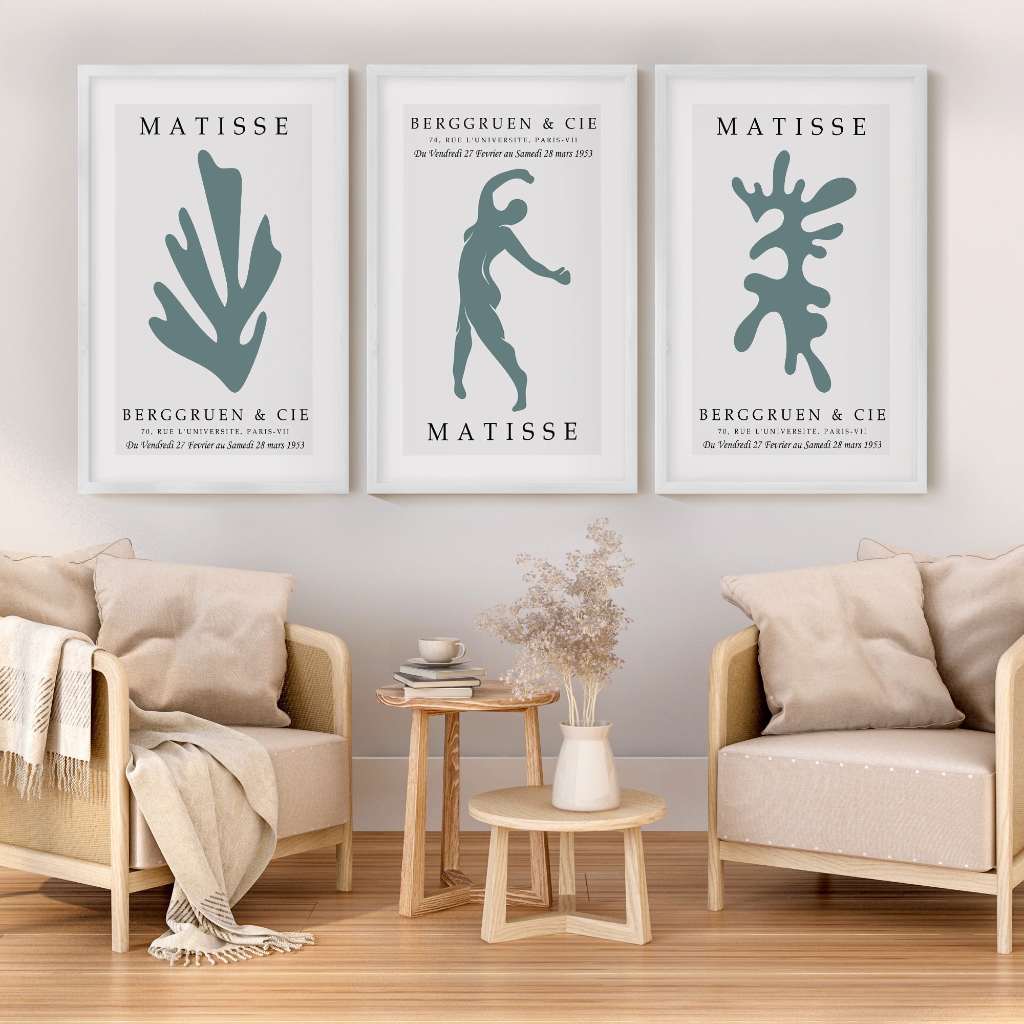 Matisse Art Prints Set of 3 – Minimalist Abstract Wall Art - White Framed Poster No Border - Artworksets