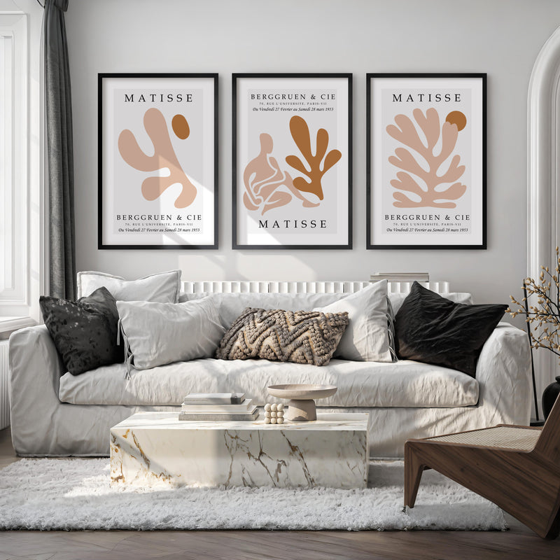 Matisse Poster Print – Neutral Abstract Wall Art Set of 3 - Black Framed Poster No Border - Artworksets