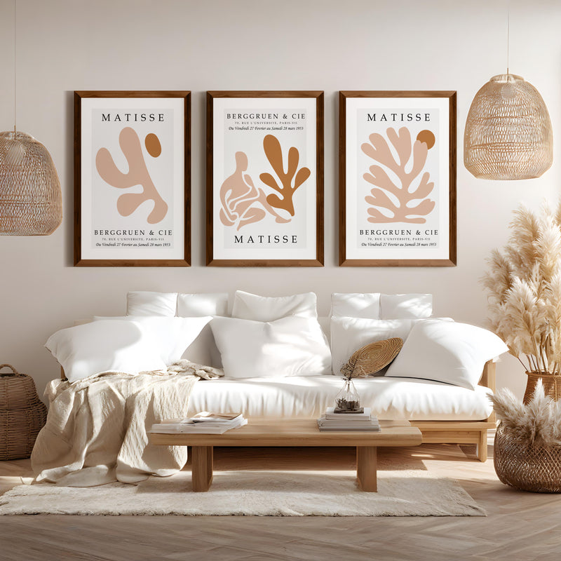 Matisse Poster Print – Neutral Abstract Wall Art Set of 3 - Dark Brown Framed Poster No Border - Artworksets
