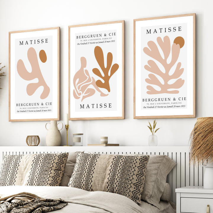 Matisse Poster Print – Neutral Abstract Wall Art Set of 3 - Natural Wood Framed Poster No Border - Artworksets