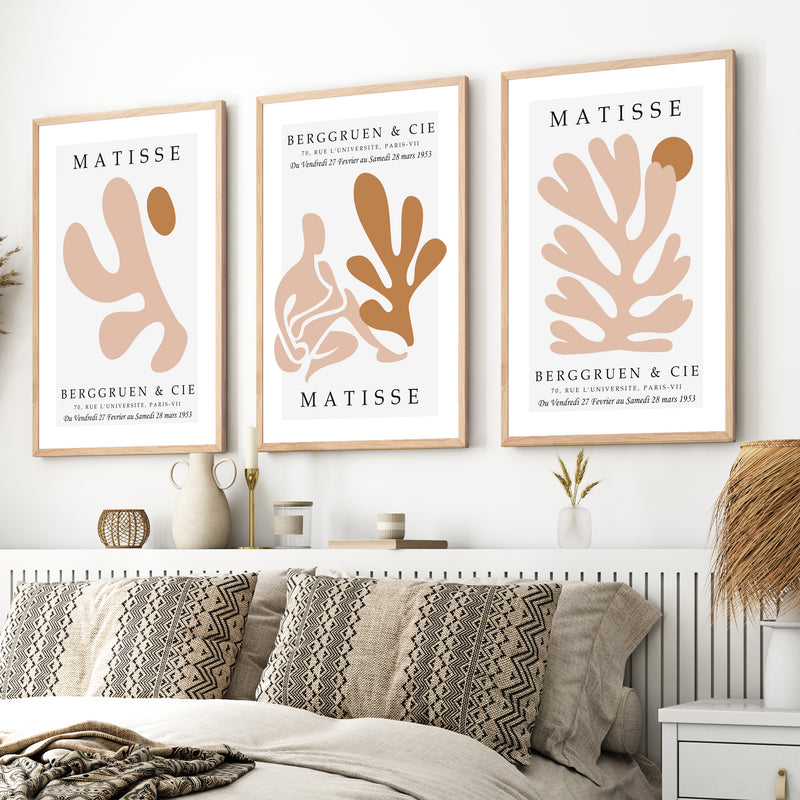 Matisse Poster Print – Neutral Abstract Wall Art Set of 3 - Natural Wood Framed Poster No Border - Artworksets