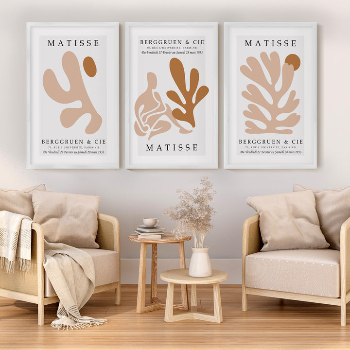 Matisse Poster Print – Neutral Abstract Wall Art Set of 3 - White Framed Poster No Border - Artworksets