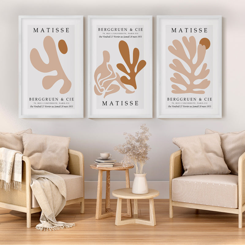 Matisse Poster Print – Neutral Abstract Wall Art Set of 3 - White Framed Poster No Border - Artworksets