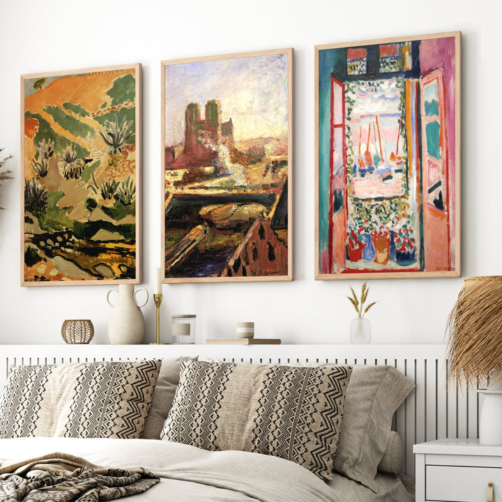Matisse Prints – Brook with Aloes, Notre Dame & Open Window (Set of 3) - Natural Wood Framed Poster No Border - Artworksets