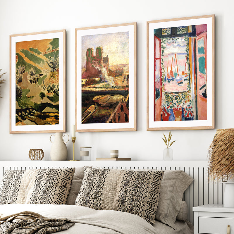 Matisse Prints – Brook with Aloes, Notre Dame & Open Window (Set of 3)- Natural Wood Framed Poster with White Border - Artworksets