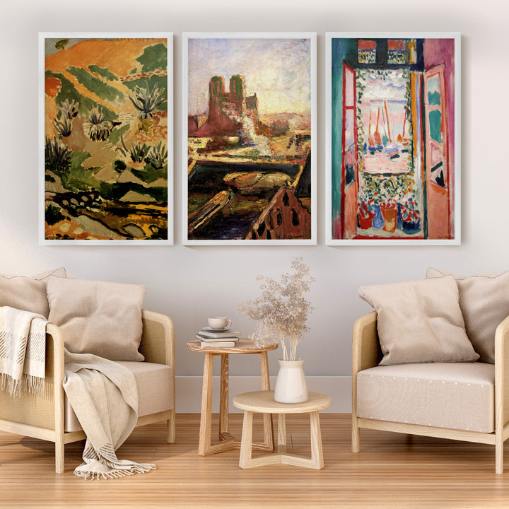 Matisse Prints – Brook with Aloes, Notre Dame & Open Window (Set of 3) - White Framed Poster No Border - Artworksets