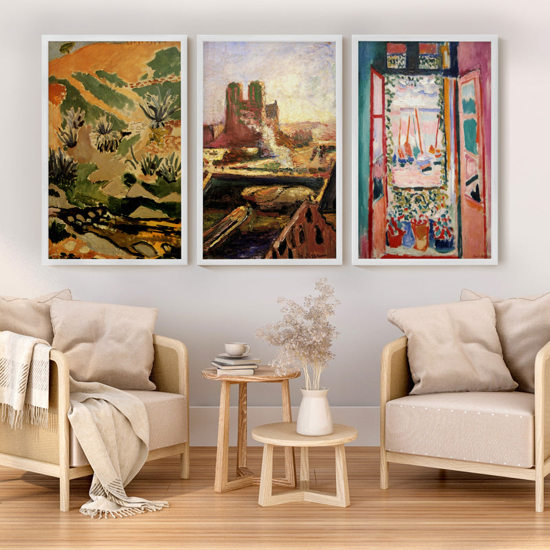Matisse Prints – Brook with Aloes, Notre Dame & Open Window (Set of 3) - White Framed Poster No Border - Artworksets