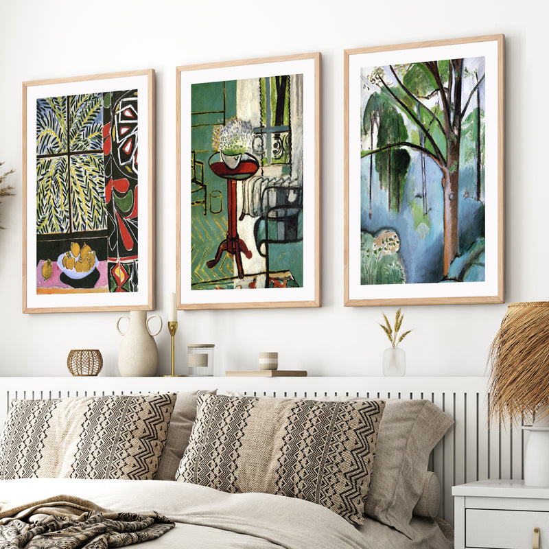 Matisse Prints for Sale – Egyptian Curtain, The Window & Trivaux Pond (Set of 3)- Natural Wood Framed Poster with White Border - Artworksets