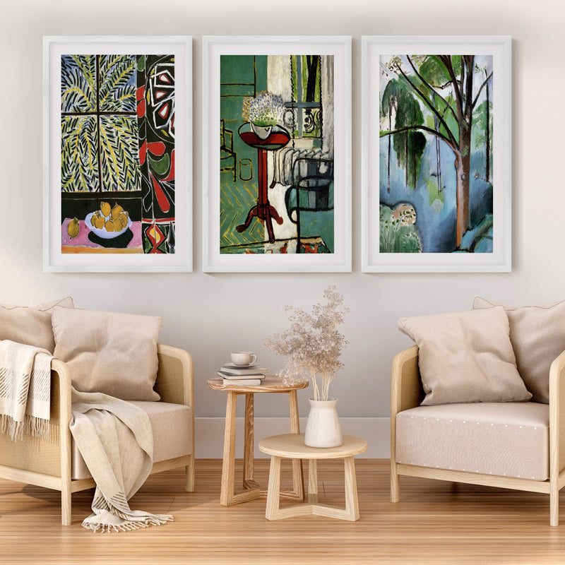 Matisse Prints for Sale – Egyptian Curtain, The Window & Trivaux Pond (Set of 3) - White Framed Poster with White Border - Artworksets