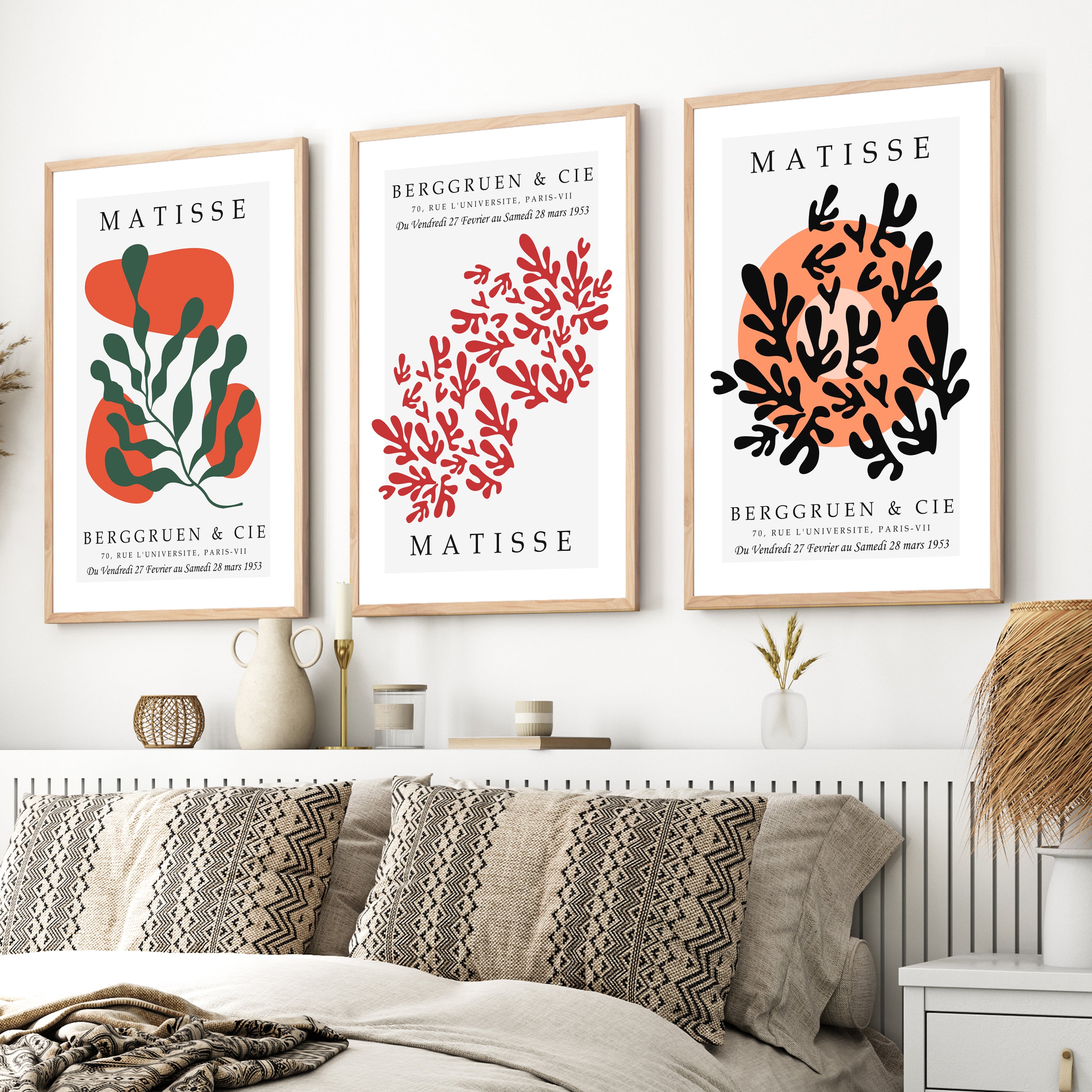 Matisse Prints – Framed Abstract Wall Art Set of 3 - Natural Wood Framed Poster No Border - Artworksets