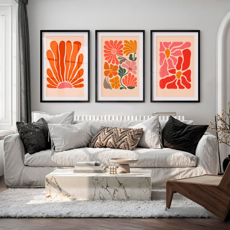 Matisse Style Wall Painting Abstract – Set of 3 Prints - Black Framed Poster with White Border - Artworksets