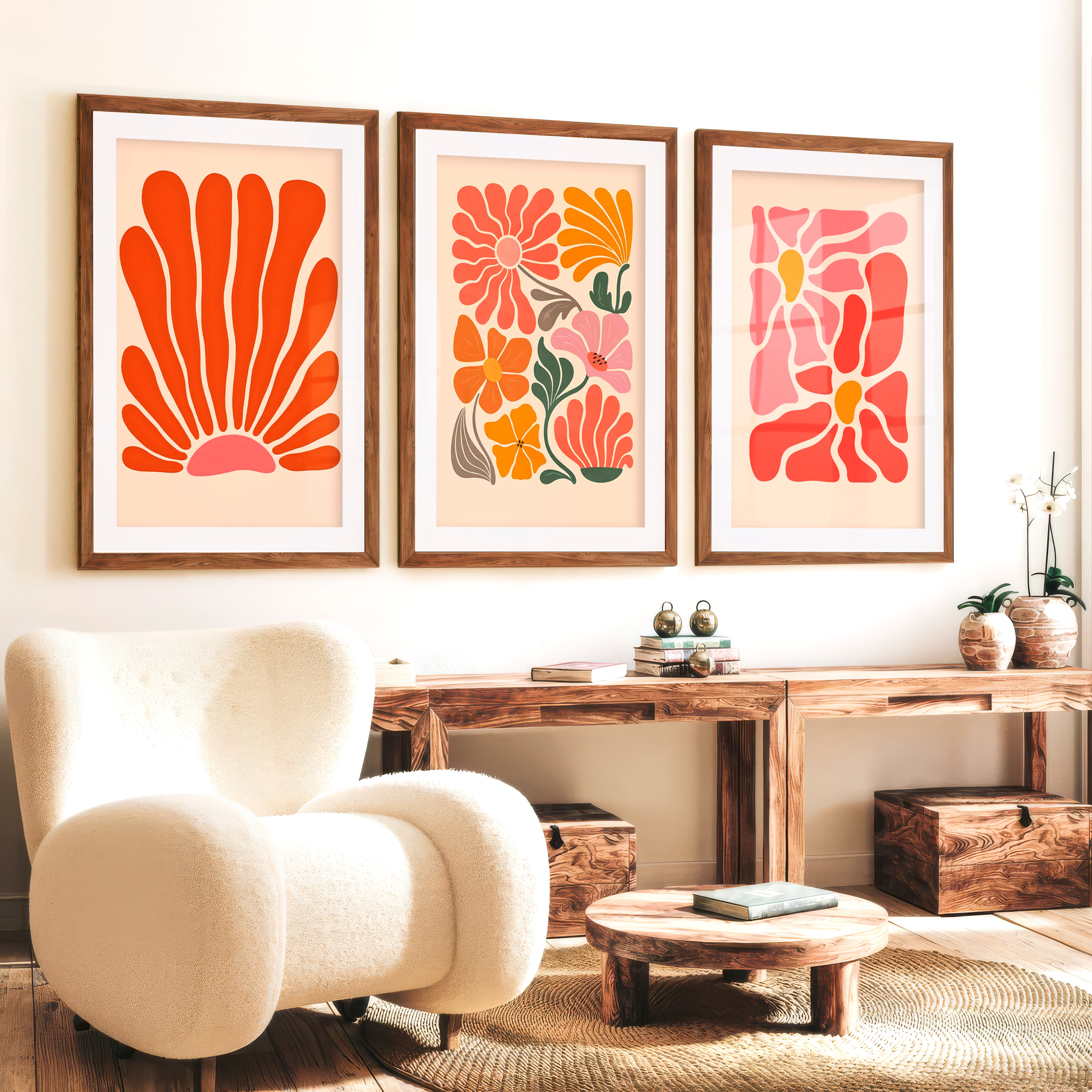 Matisse Style Wall Painting Abstract – Set of 3 Prints - Dark Brown Framed Poster with White Border - Artworksets