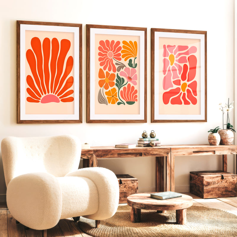 Matisse Style Wall Painting Abstract – Set of 3 Prints - Dark Brown Framed Poster with White Border - Artworksets