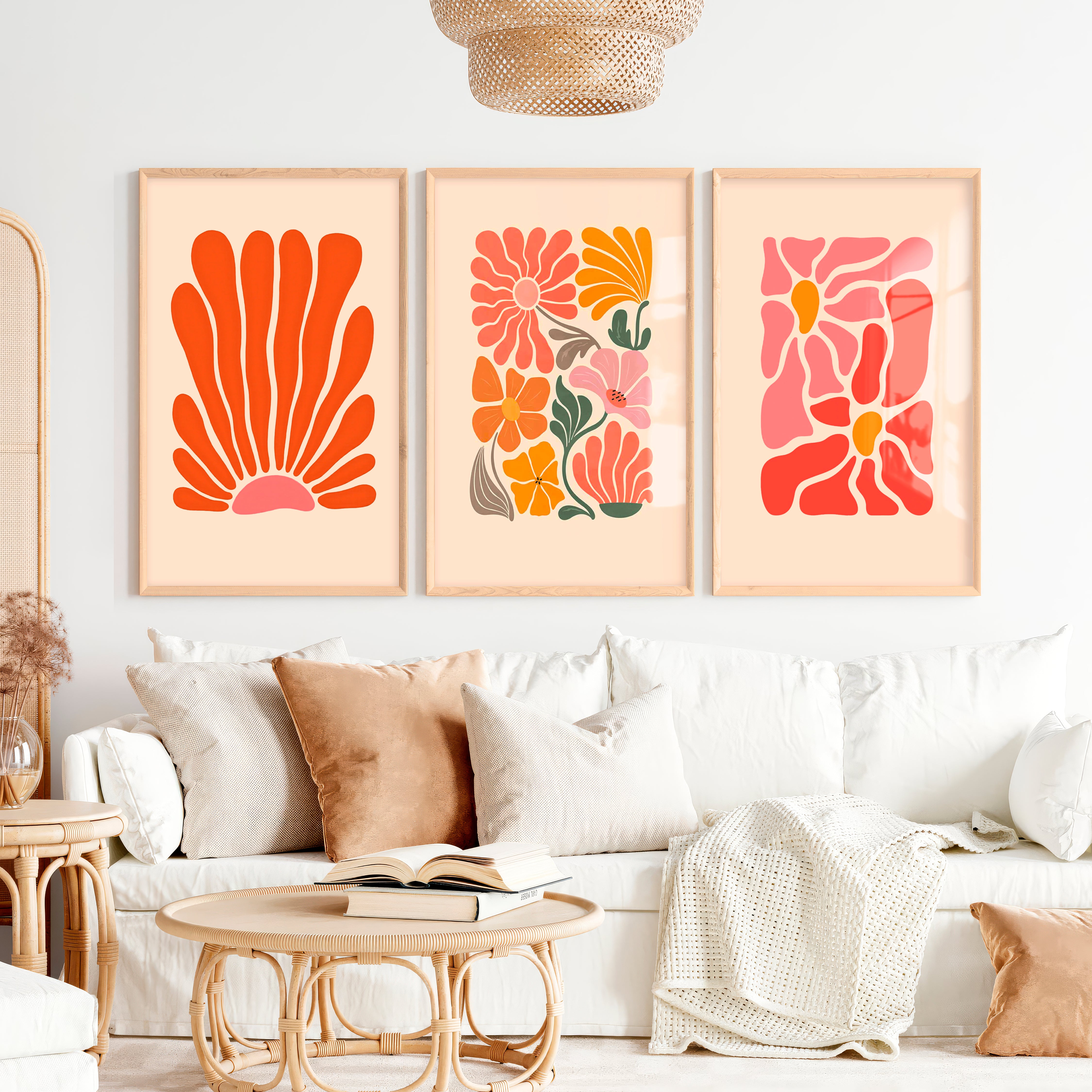 Matisse Style Wall Painting Abstract – Set of 3 Prints - Natural Wood Framed Poster No Border - Artworksets