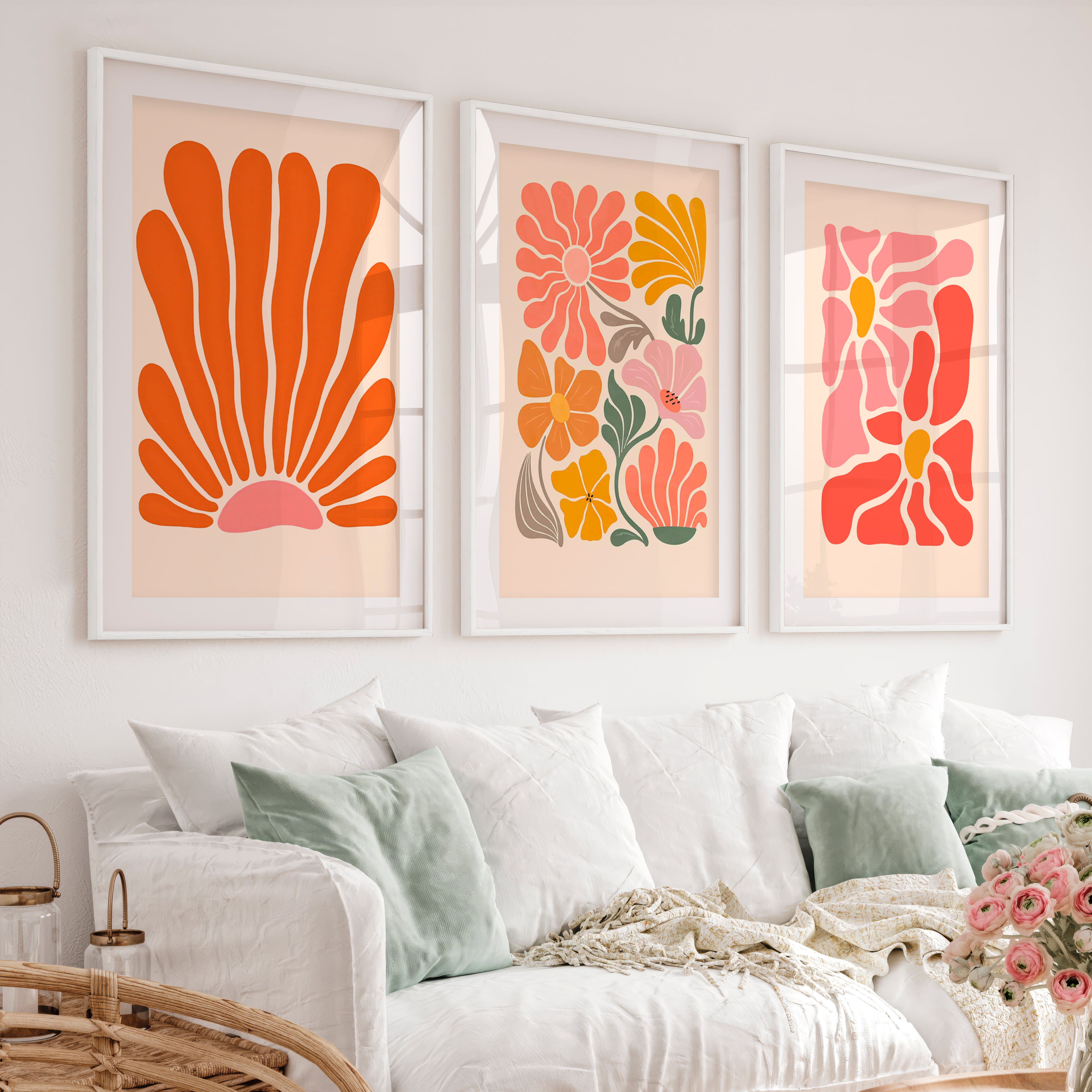 Matisse Style Wall Painting Abstract – Set of 3 Prints - White Framed Poster with White Border - Artworksets