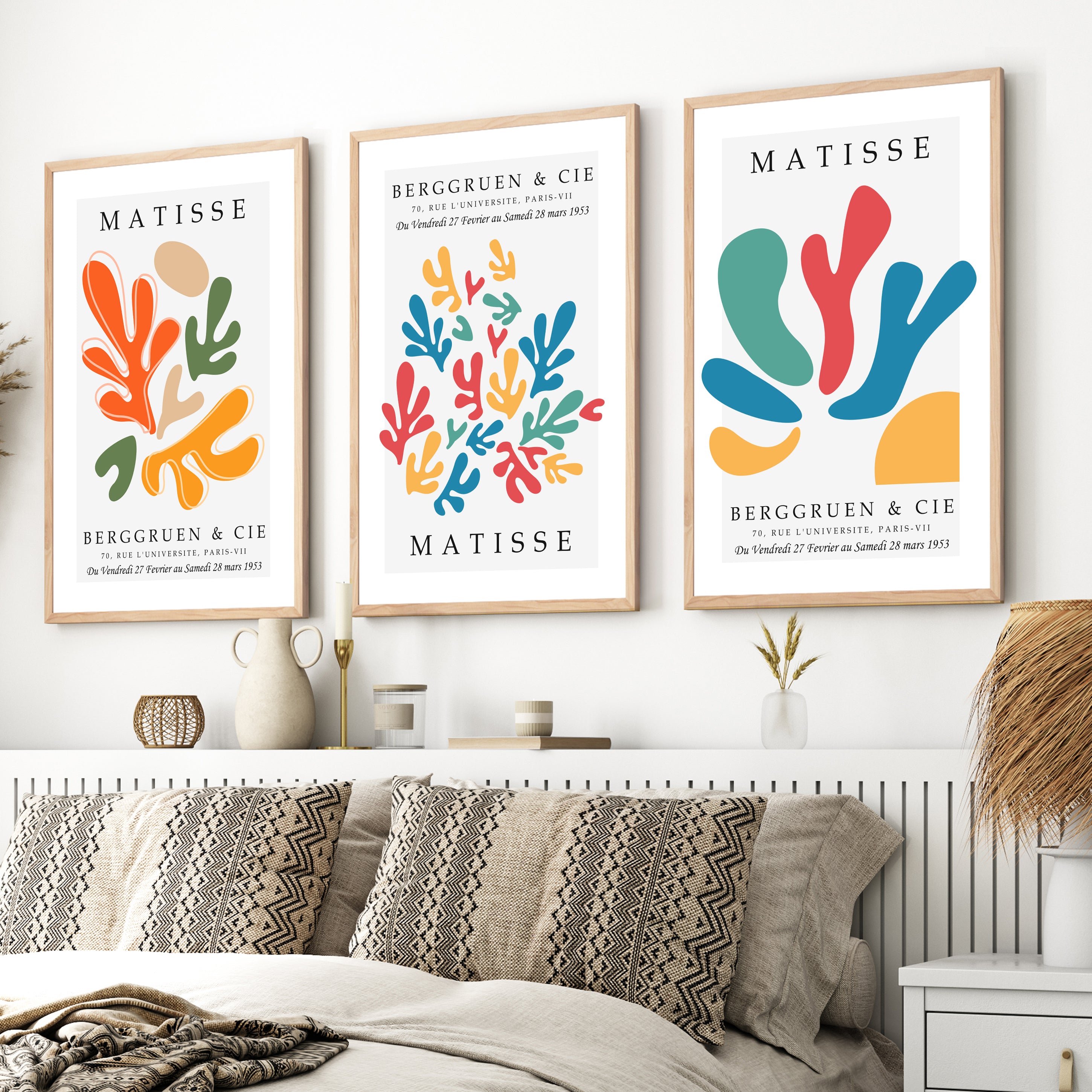 Matisse Wall Art – Colorful Abstract Print Set of 3 - Natural Wood Framed Poster No Border - Artworksets