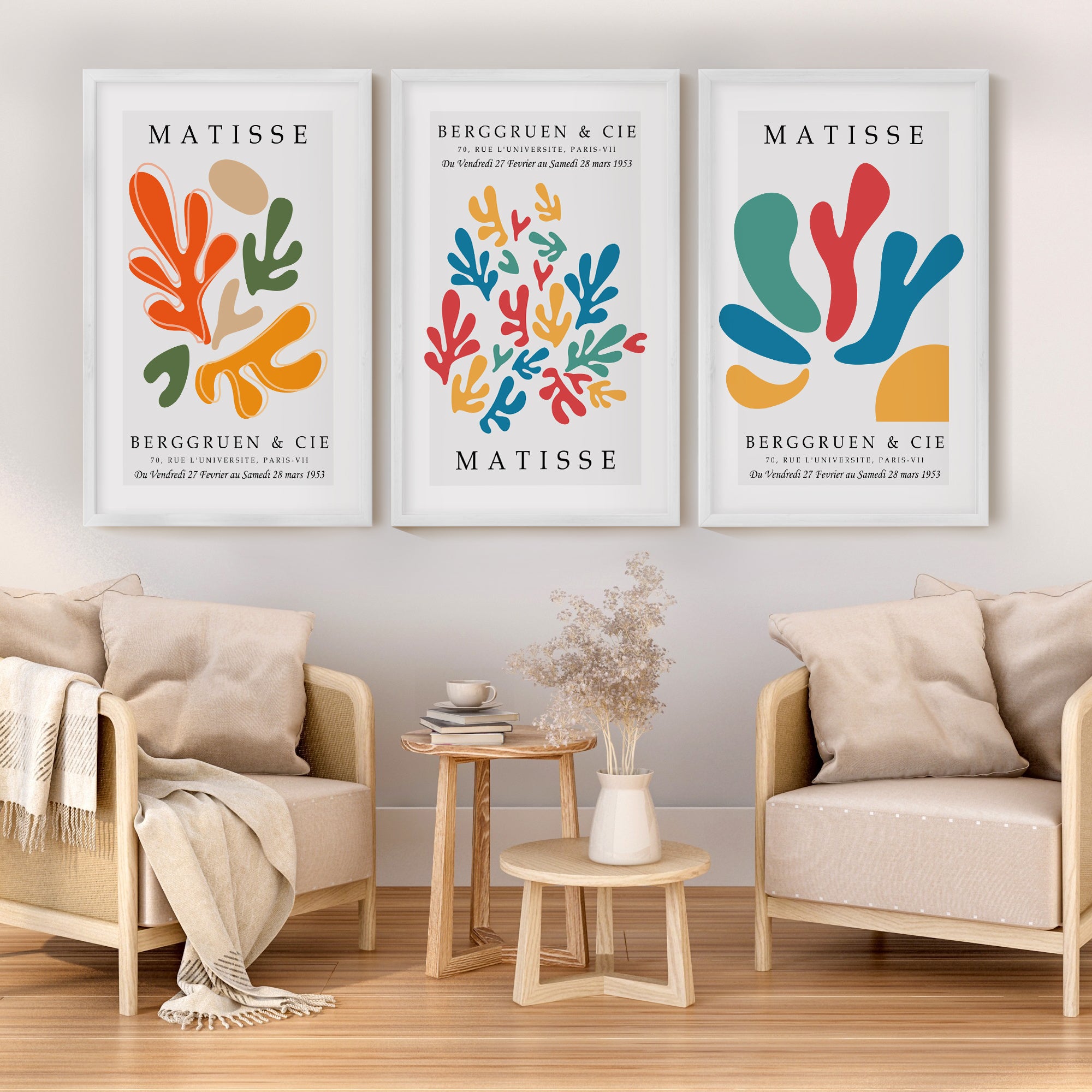 Matisse Wall Art – Colorful Abstract Print Set of 3 - White Framed Poster No Border - Artworksets