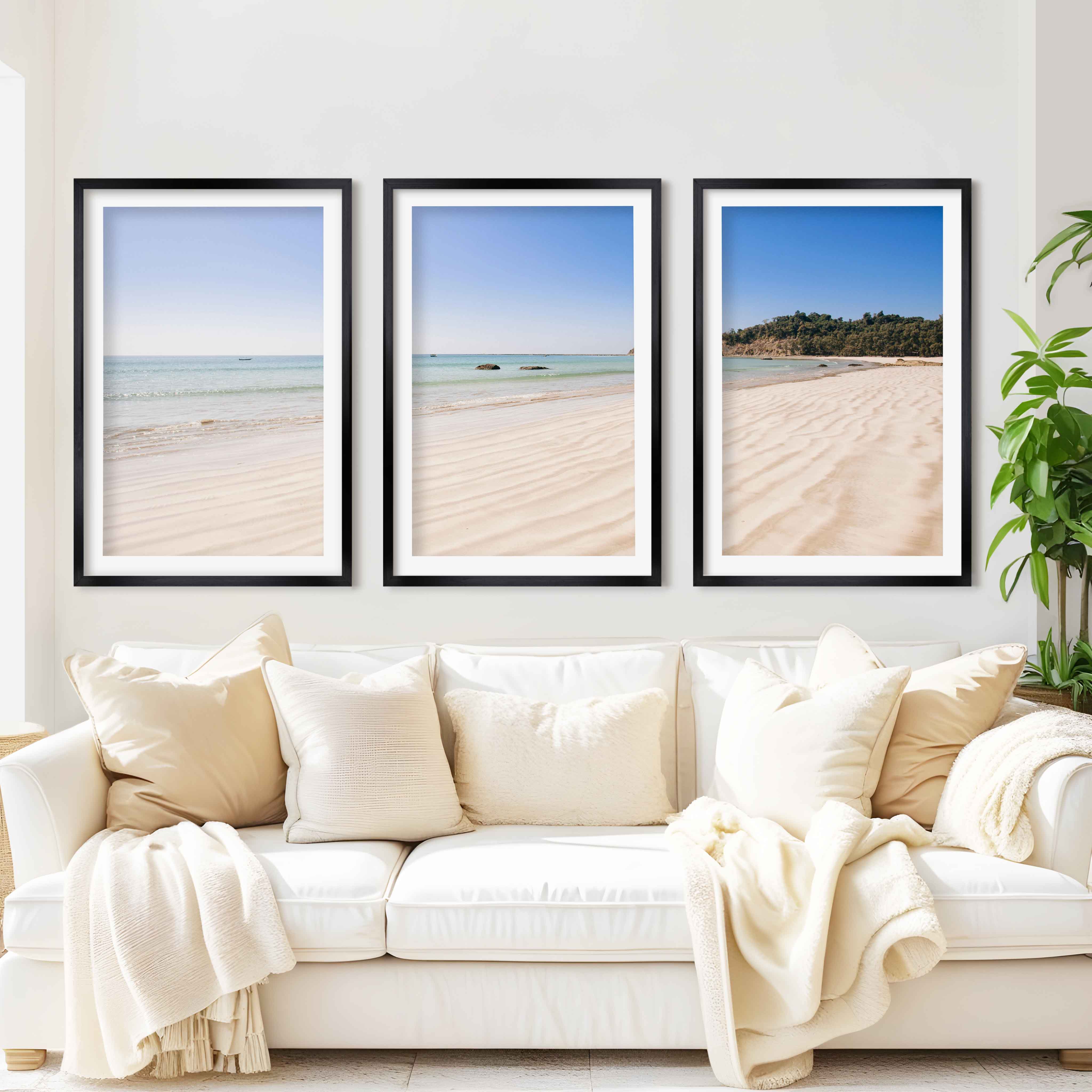 Minimal Coastal Wall Art – Open Beach and Sea Horizon - Black Framed Poster with White Border - Artworksets