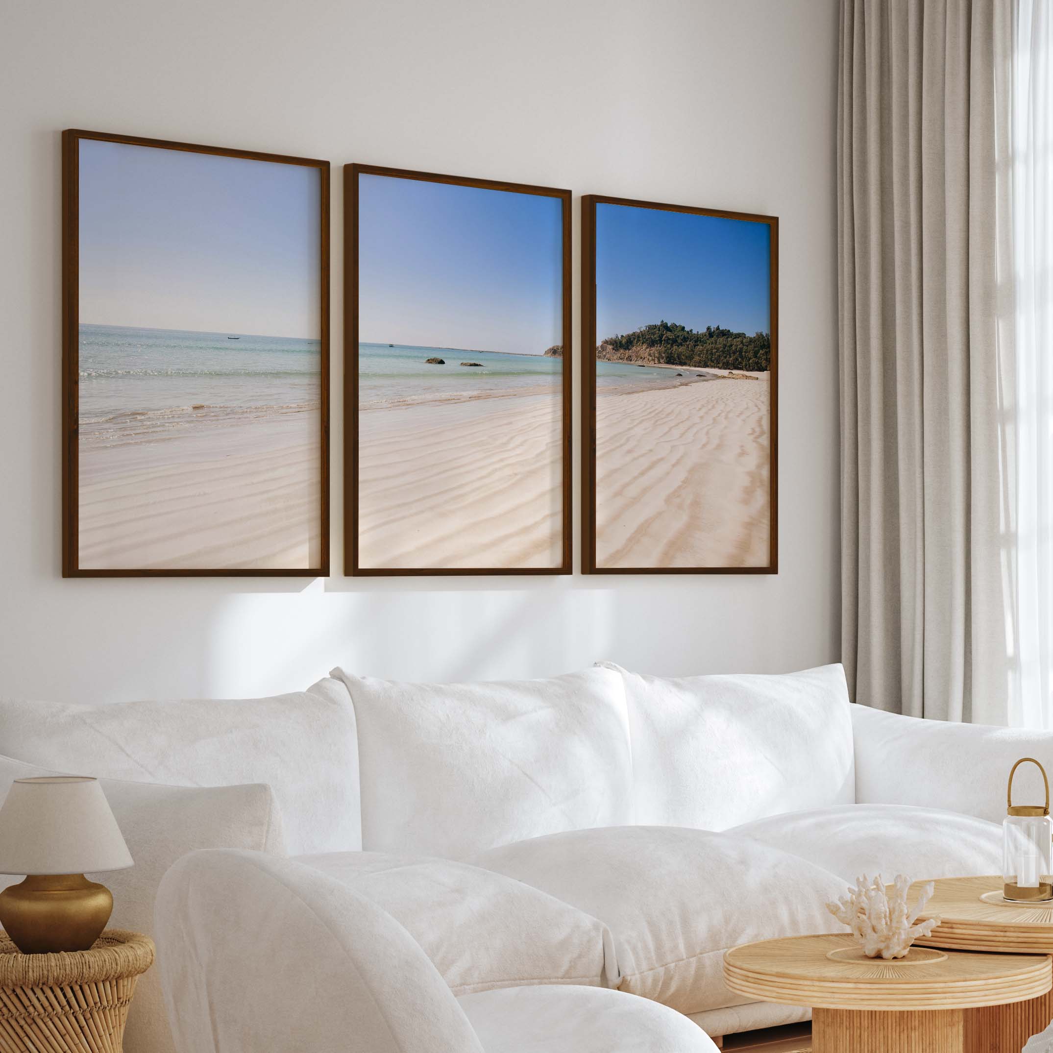 Minimal Coastal Wall Art – Open Beach and Sea Horizon - Dark Brown Framed Poster No Border - Artworksets