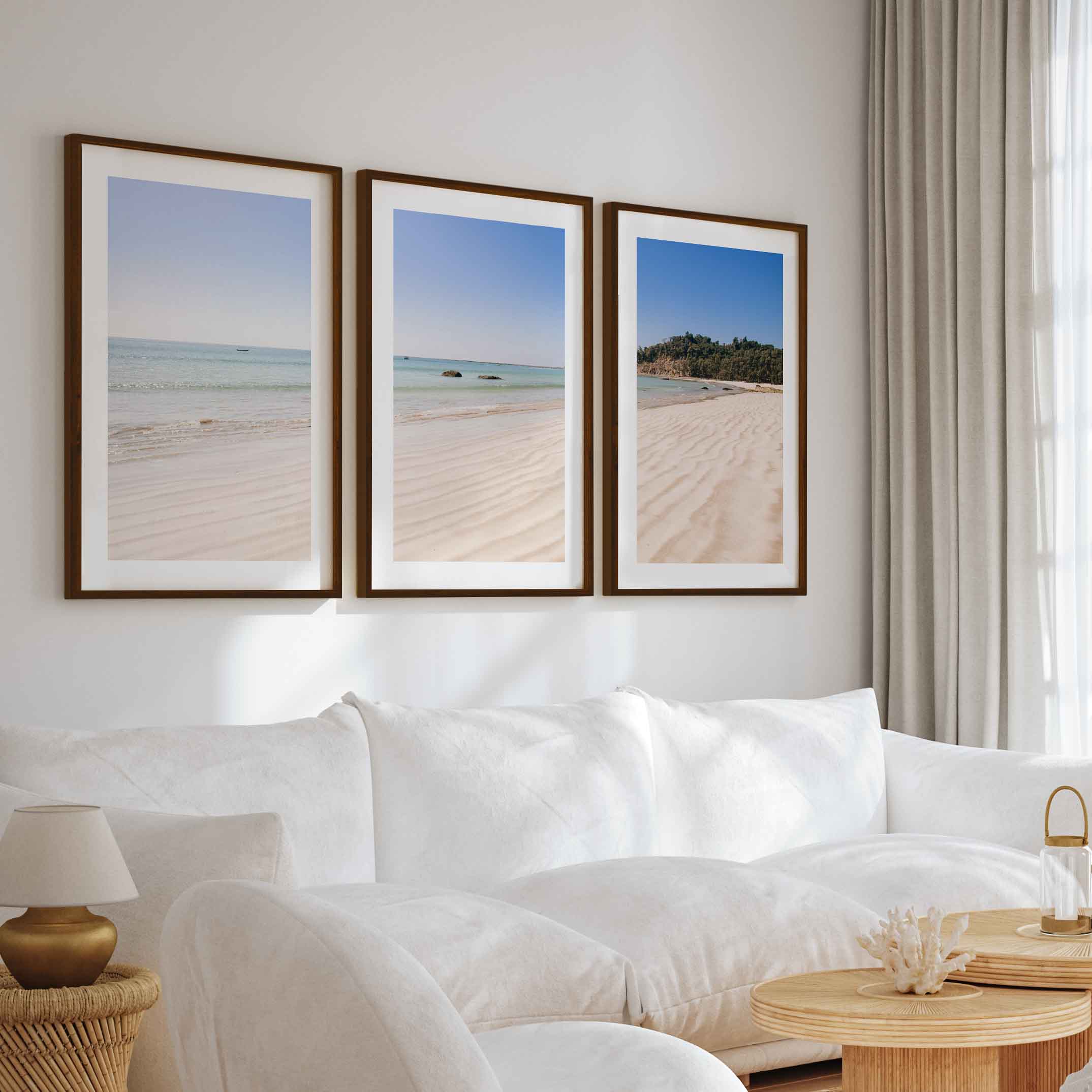 Minimal Coastal Wall Art – Open Beach and Sea Horizon - Dark Brown Framed Poster with White Border - Artworksets