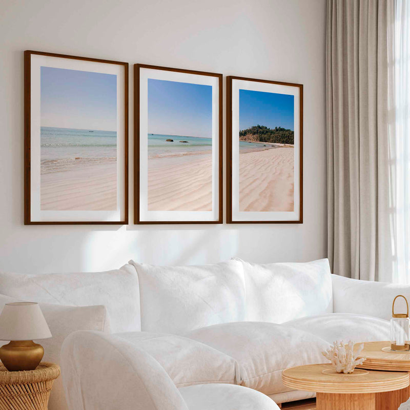 Minimal Coastal Wall Art – Open Beach and Sea Horizon - Dark Brown Framed Poster with White Border - Artworksets