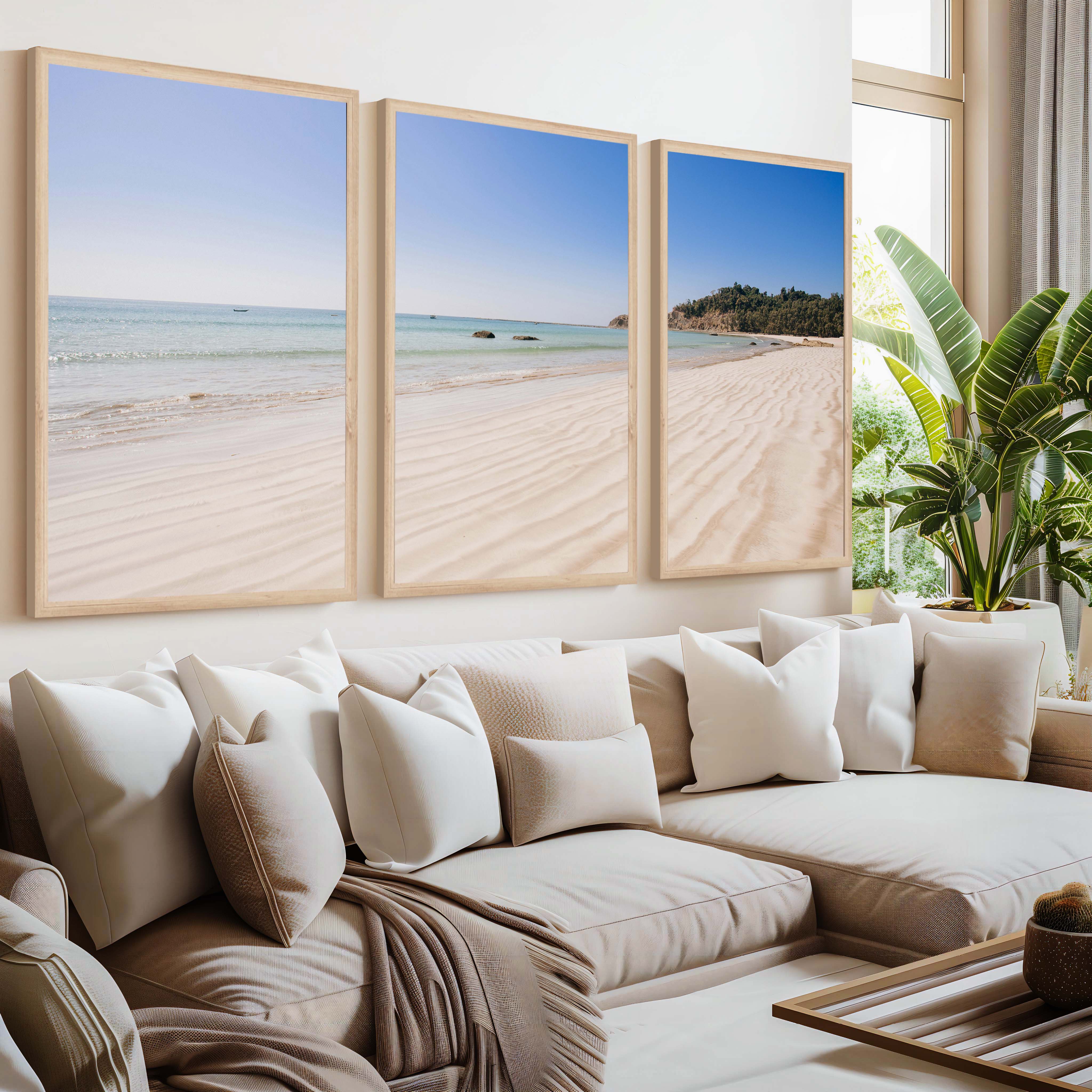 Minimal Coastal Wall Art – Open Beach and Sea Horizon - Natural Wood Framed Poster No Border - Artworksets