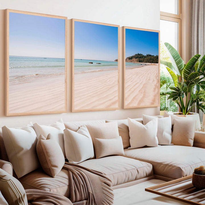 Minimal Coastal Wall Art – Open Beach and Sea Horizon - Natural Wood Framed Poster No Border - Artworksets