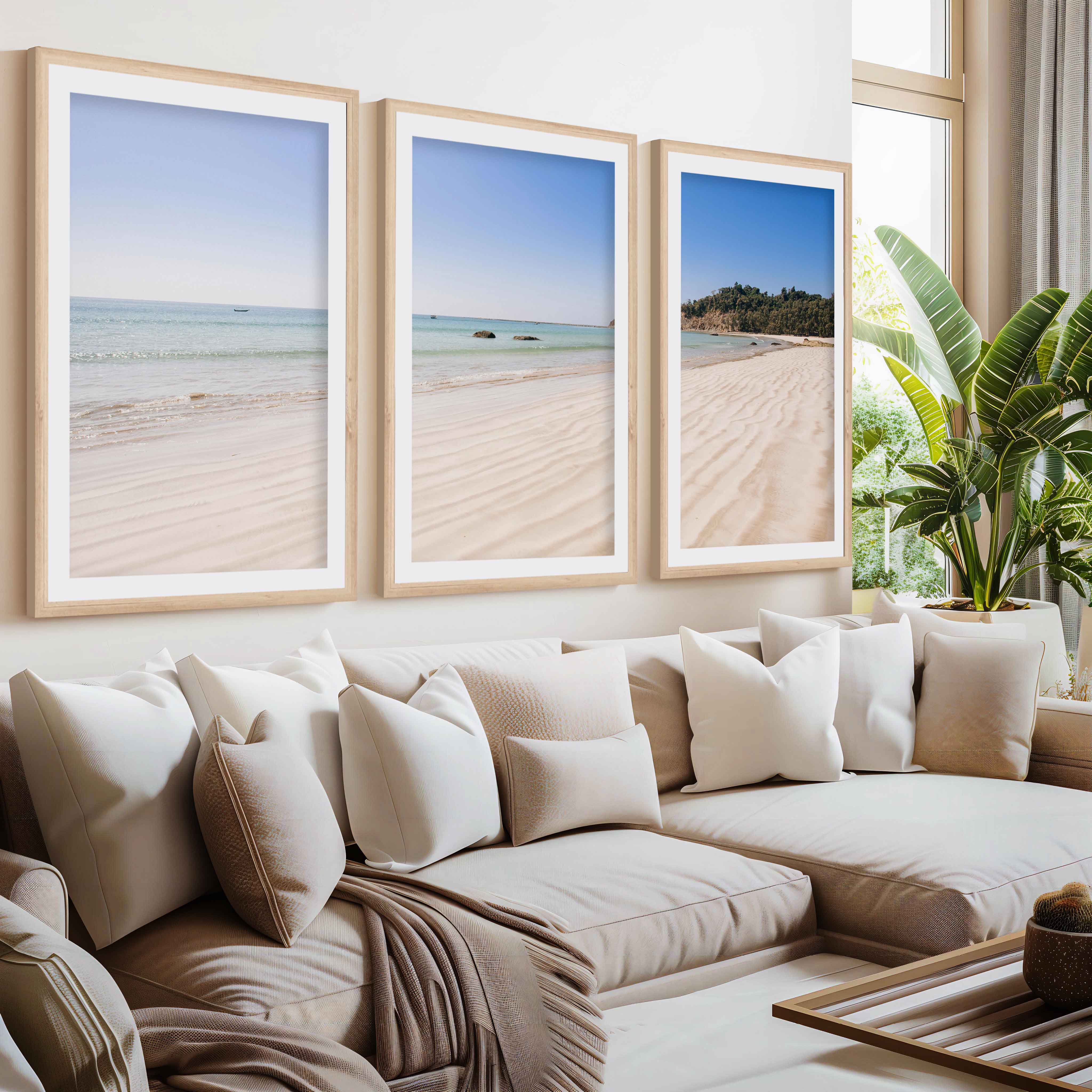 Minimal Coastal Wall Art – Open Beach and Sea Horizon- Natural Wood Framed Poster with White Border - Artworksets