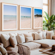 Minimal Coastal Wall Art – Open Beach and Sea Horizon- Natural Wood Framed Poster with White Border - Artworksets