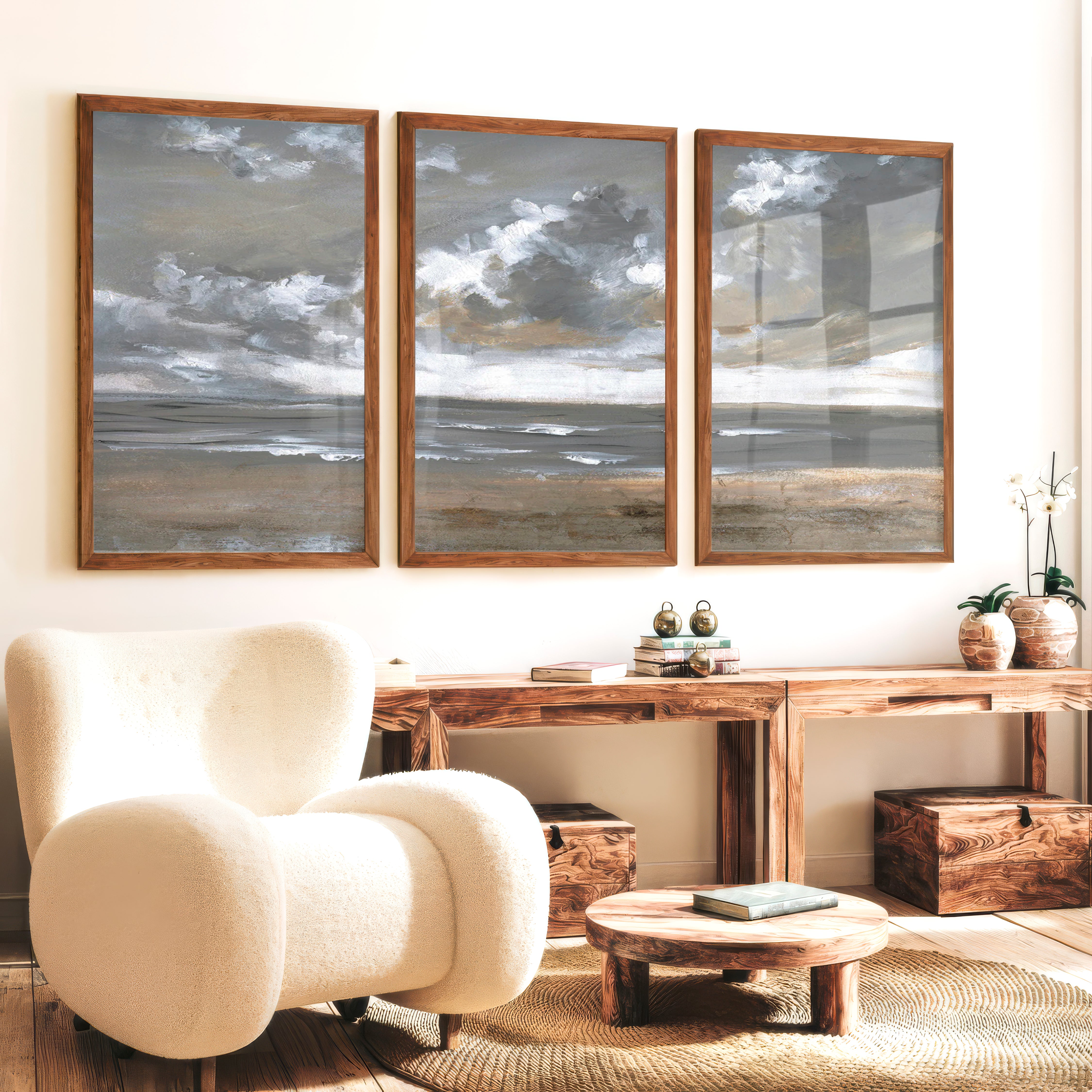 Minimalist Abstract Landscape Painting – Serene Neutral Wall Art - Dark Brown Framed Poster No Border - Artworksets