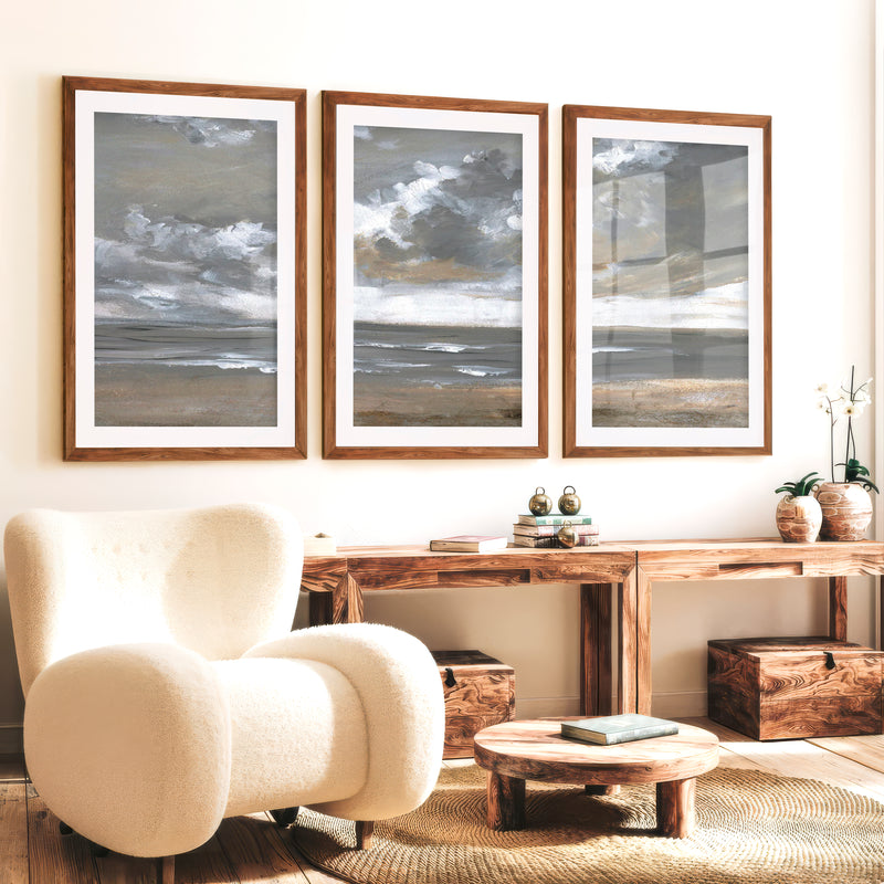 Minimalist Abstract Landscape Painting – Serene Neutral Wall Art - Dark Brown Framed Poster with White Border - Artworksets