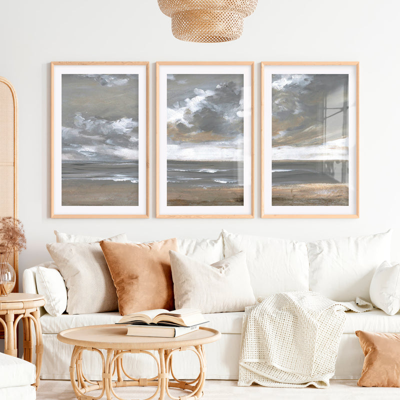 Minimalist Abstract Landscape Painting – Serene Neutral Wall Art- Natural Wood Framed Poster with White Border - Artworksets