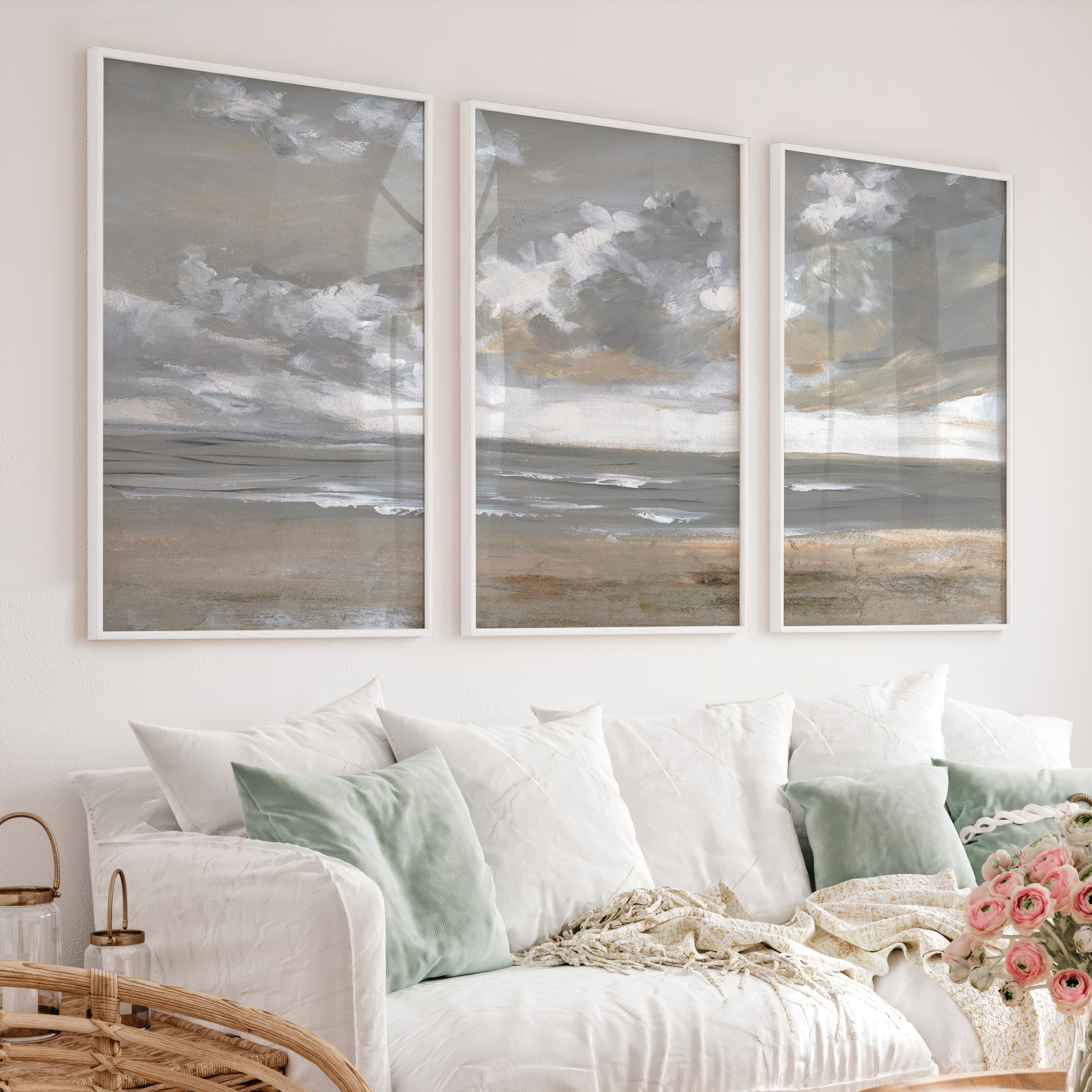 Minimalist Abstract Landscape Painting – Serene Neutral Wall Art - White Framed Poster No Border - Artworksets