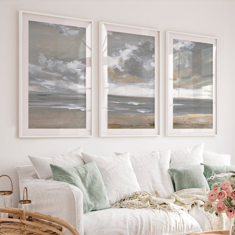 Minimalist Abstract Landscape Painting – Serene Neutral Wall Art - White Framed Poster with White Border - Artworksets