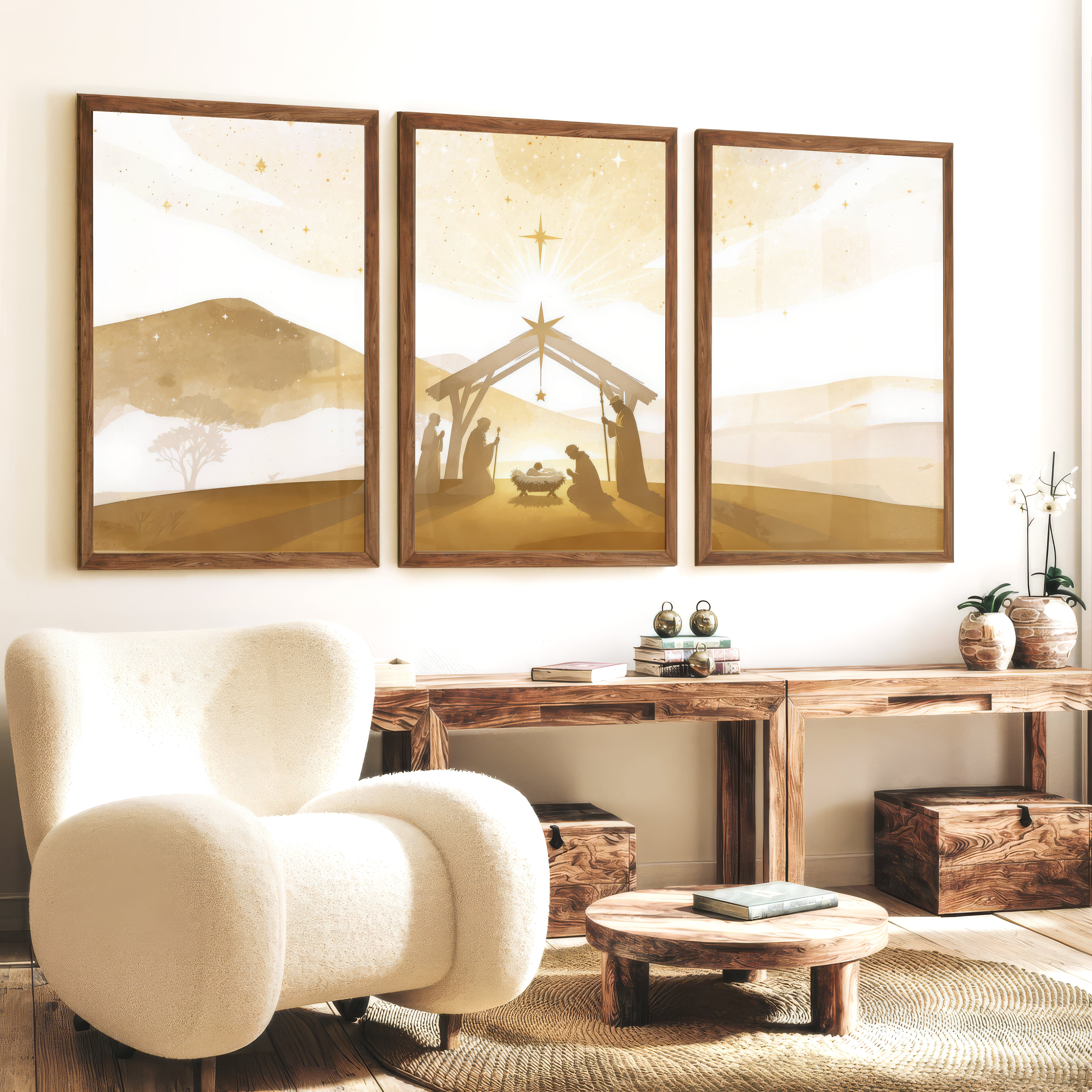 Minimalist Nativity Scene Triptych Wall Art Set - Dark Brown Framed Poster No Border - Artworksets