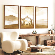 Minimalist Nativity Scene Triptych Wall Art Set - Dark Brown Framed Poster No Border - Artworksets