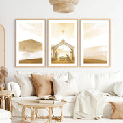Minimalist Nativity Scene Triptych Wall Art Set- Natural Wood Framed Poster with White Border - Artworksets