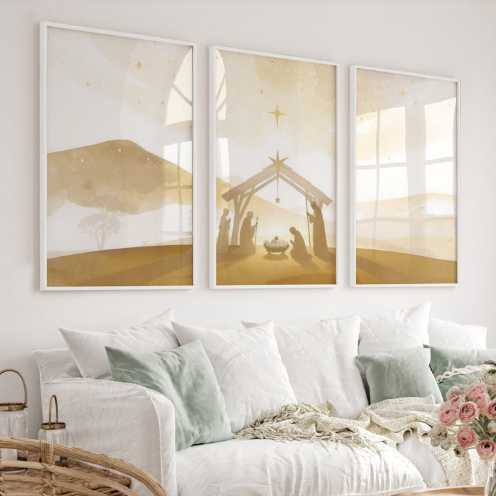 Minimalist Nativity Scene Triptych Wall Art Set - White Framed Poster No Border - Artworksets