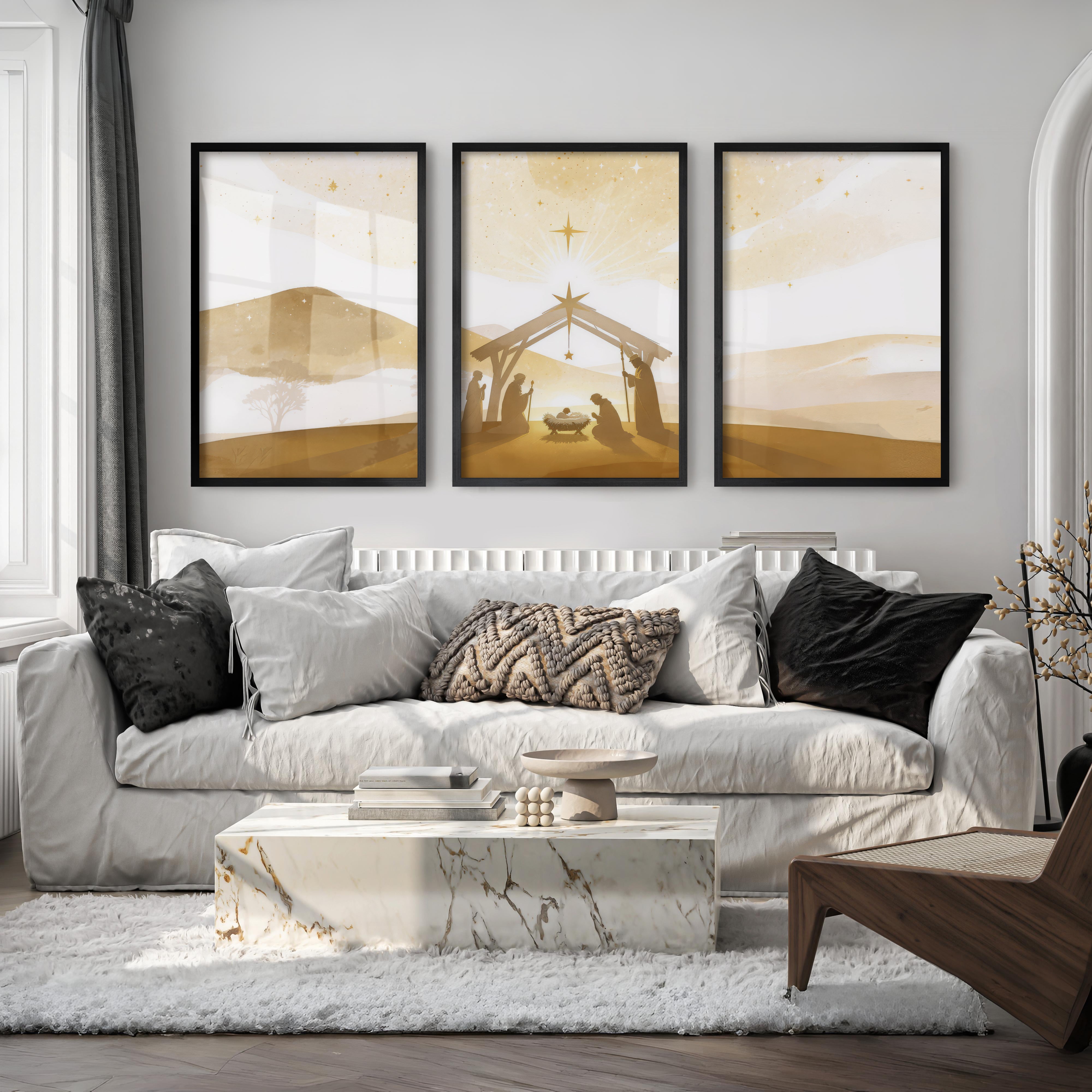 Minimalist Nativity Scene Triptych Wall Art Set - Black Framed Poster No Border - Artworksets