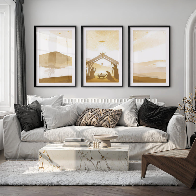 Minimalist Nativity Scene Triptych Wall Art Set - Black Framed Poster with White Border - Artworksets